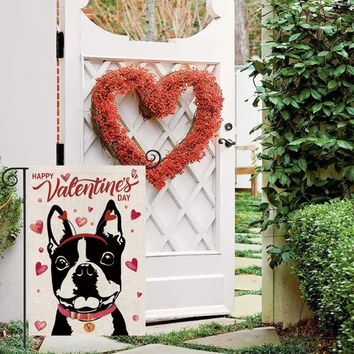 Miniatura 4 de Bandera de jardín para el día de San Valentín, banderas de perro Boston Terrier para exteriores, amor, corazón, aniversario, boda, fiesta, hogar