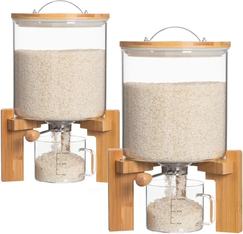 Miniatura 11 de HBlife Dispensador de arroz de vidrio de 5 a 7 libras con soporte de madera, contenedor de harina y cereales con taza medidora de vidrio, despensa