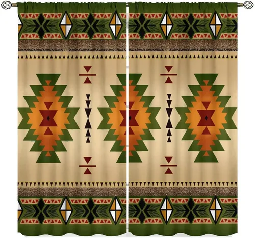 Miniatura 9 de Cortinas aztecas, patrón étnico tribal nativo del suroeste, estilo bohemio occidental, geométrico, tratamientos de ventana para sala de estar, juego
