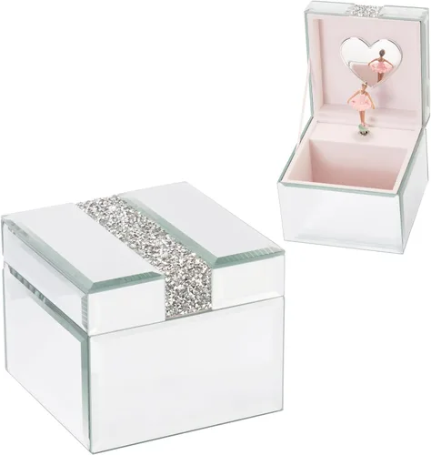 Caja de joyería musical con espejo de diamante de plata Caja de joyería de bailarina para niñas Caja de cristal pequeña Joyero de cristal