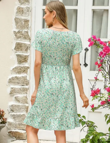 Miniatura 6 de Coolmee Vestido de maternidad de manga corta con volantes y cuello en V para mujer, vestido midi de verano casual fruncido fluido para baby shower