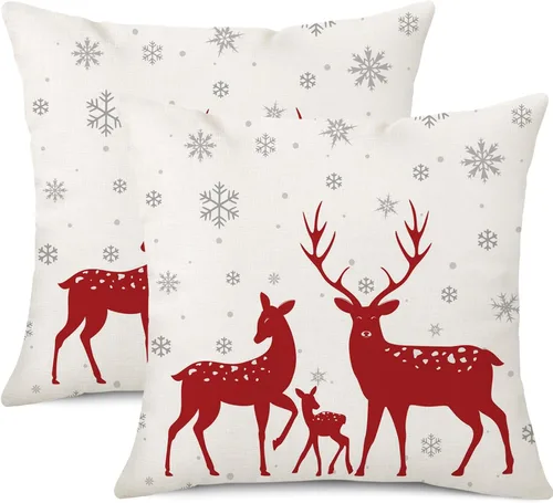 Miniatura 5 de Juego de 2 fundas de almohada de Navidad grises de 18 x 18 pulgadas, juego de 2 fundas cuadradas decorativas de lino con copos de nieve de ciervos