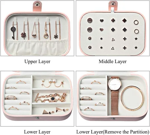 Miniatura 5 de DerBlue Joyero de viaje, caja de joyería pequeña, caja de joyería de viaje portátil, organizador de almacenamiento para anillos y aretes