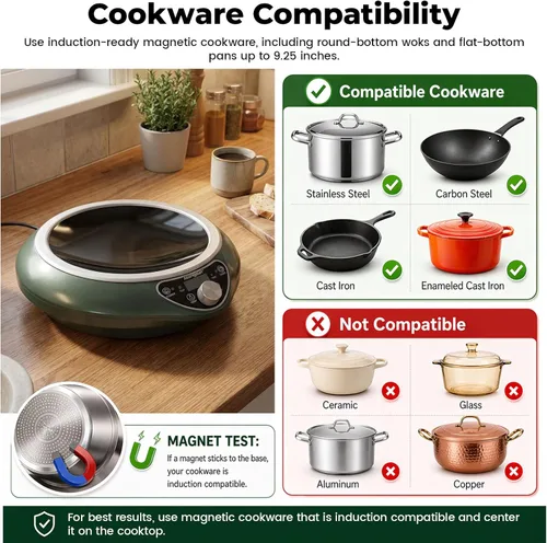 Miniatura 5 de Wok de inducción cóncava de 1700 W 120 V con wok de acero inoxidable, calentamiento continuo sin pulsos, 16 niveles de potencia, quemador portátil