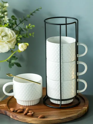 Miniatura 3 de LYEOBOH Tazas de café apilables con estante, juego de 4 tazas de café de cerámica de 13 onzas con soporte, taza de café con cuchara, tazas de Blanco