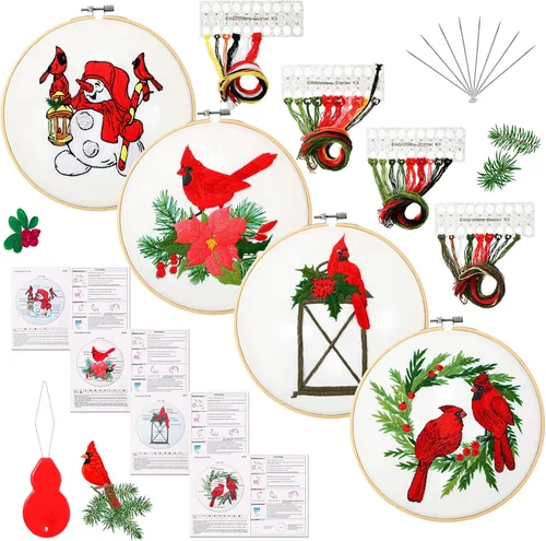 Juego de 4 piezas de bordado navideño para principiantes, adultos, cardenal de punto de cruz, kit de punto de cruz con patrones e instrucciones,
