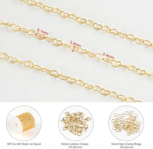 Miniatura 2 de KYUNHOO Cadenas de corazón chapadas en oro de 18 quilates de 16.4 ft de latón macizo a granel, cadena de collar de corazón para mujer, pulsera