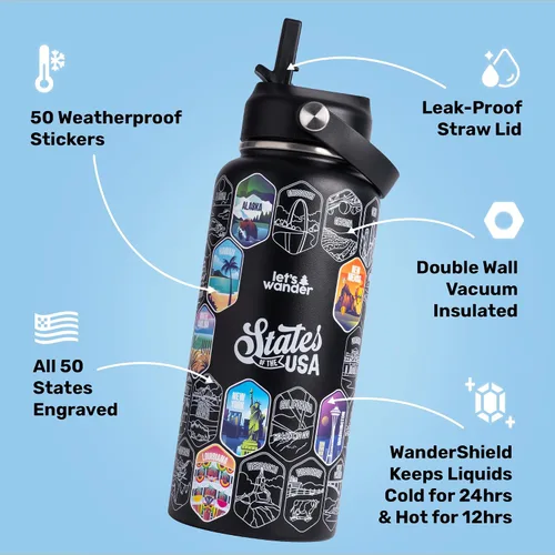 Miniatura 3 de LET'S WANDER Lets Wander 50 States - Botella de agua con calcomanías impermeables, acero inoxidable aislado a prueba de fugas de 32 onzas