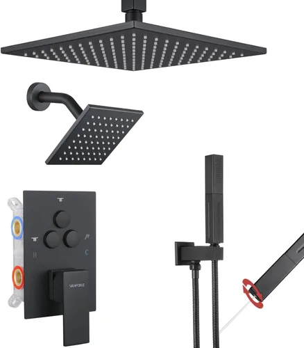 VANFOXLE Juego de Grifería de Ducha Sistema de Ducha Negro Mate, Grifo de Ducha con Desviador de Botón Pulsador con Ducha de Mano 2 en 1, Cabezal de