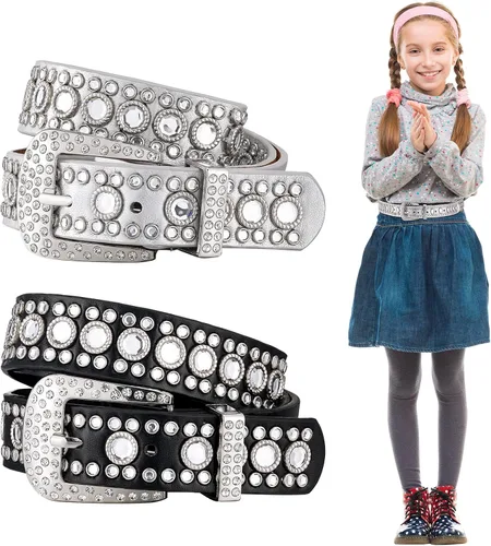 Newcotte 2 cinturones de imitación para niños, vaquera occidental, con diamantes de imitación, cinturón de piel sintética