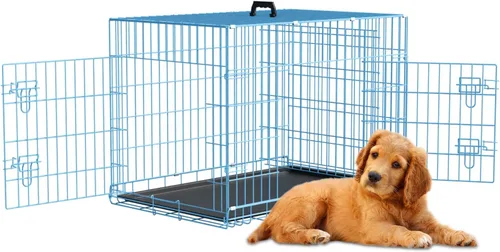 Miniatura 13 de Dopinmin Jaula grande para perros de 42 pulgadas, jaula de doble puerta para mascotas, jaula plegable de alambre de metal con panel divisor, bandeja