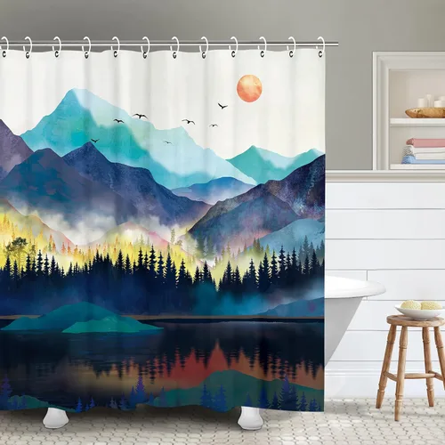 Miniatura 31 de RosieLily Cortina de ducha con diseño de lago de montaña, cielo nocturno estrellado, paisaje de luna y bosque para baño, 72 pulgadas de ancho x 72