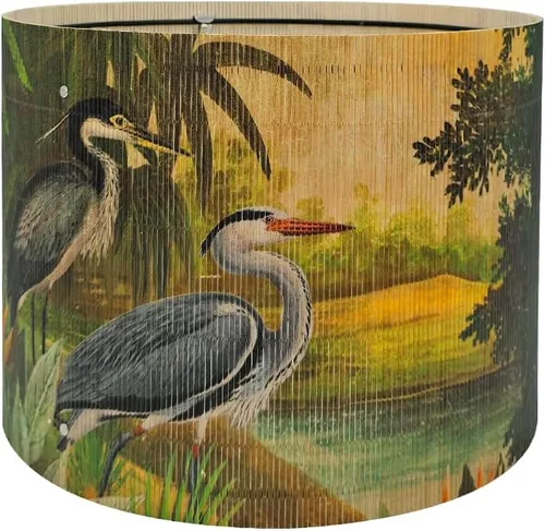 Pantalla de lámpara de bambú en forma de tambor para lámparas de mesa y de pie con diseño de animales tropicales coloridos, Art Deco, rústico y