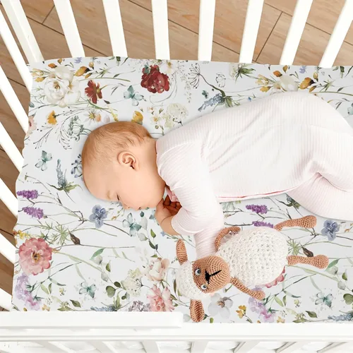 Miniatura 5 de CaTaKu Sábanas de cuna para niñas y niños – Sábanas de bebé bohemias con flores silvestres, sábanas de colchón neutro para cuna para cama