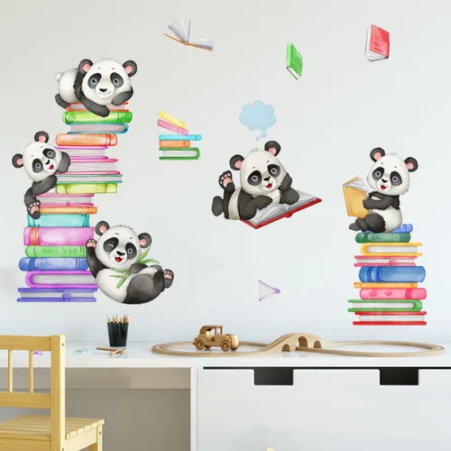 Miniatura 4 de Calcomanías de Pared de Pandas Animales Leyendo Libros Pegatinas de Pared para Guardería de Bebé Dormitorio de Niños Aula Decoraciones de Pared