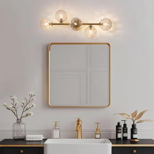 Miniatura 5 de Luminarias de Espejo de Tocador de Baño: Aplique de Pared de Baño Regulable de 5 Luces - Luces de Tocador de Latón Dorado con Pantalla de Vidrio