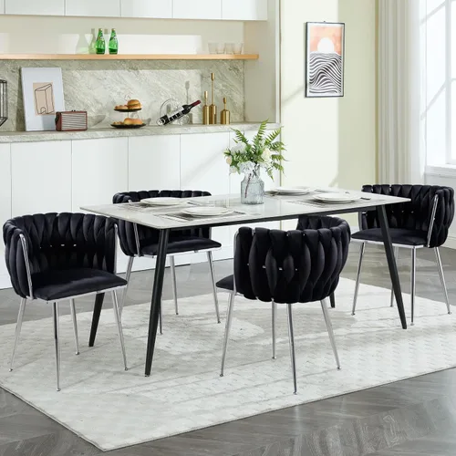 Miniatura 2 de Juego de 2 sillas de comedor de terciopelo, sillas laterales tapizadas tejidas con patas de metal negro, sillas decorativas modernas, sillas