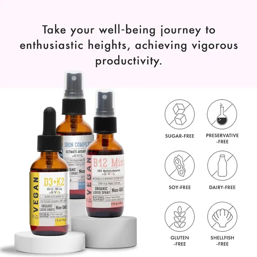 Miniatura 4 de Energy & Vitality Bundle - Trío de aerosol de vitaminas líquidas – B12 metilcobalamina, bisglicinato de hierro y D3 (Lichen) y K2 (MK4 y MK7), sin