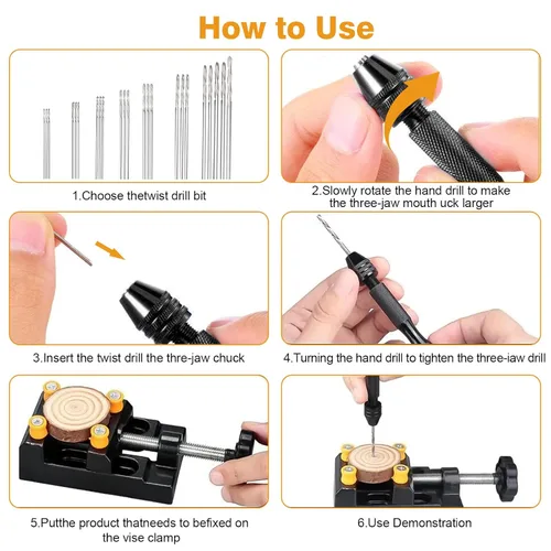 Miniatura 6 de Juego de 60 taladros manuales con tornillo de banco, micro mini brocas helicoidales, herramienta de tornillo de banco para resina y madera, joyería