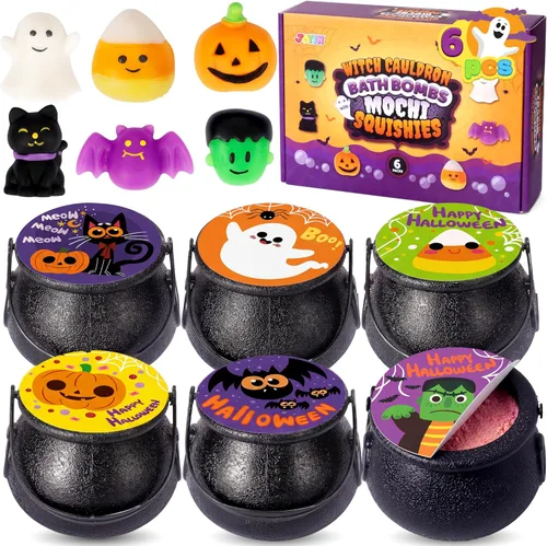 JOYIN Bomba de baño con temática de caldero de bruja de Halloween con juguete esponjoso Mochi, 6 paquetes de bombas de baño de burbujas para niños
