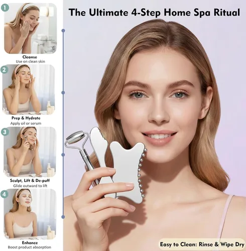 Miniatura 5 de Juego de rodillo facial de acero inoxidable 3 en 1 y Gua Sha – Herramientas de masaje facial de enfriamiento para esculpir, deshinchar y definir