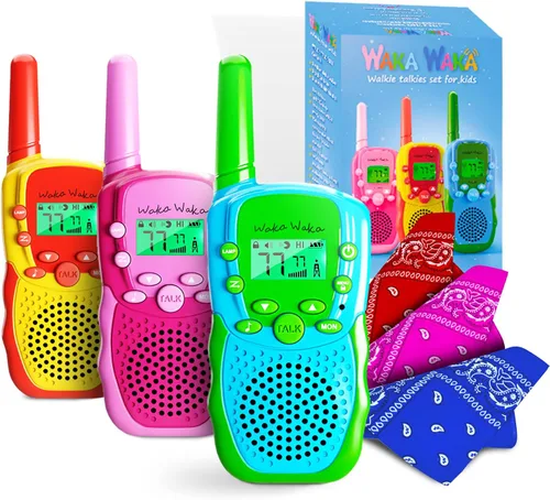 Waka Waka Walkie Talkies para niños (paquete de 3, amarillo, rojo, verde) - Juego de walkie talkie bidireccional de largo alcance con bandanas y