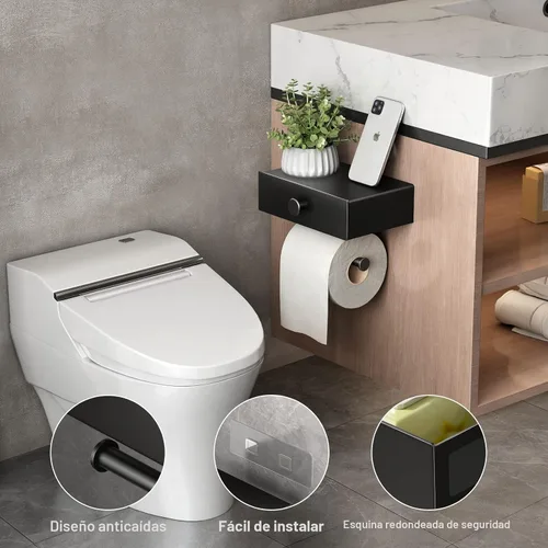Miniatura 3 de VOLDRA Soporte de papel higiénico con estante negro dispensador de toallitas para baño Soporte de papel higiénico con cajón de diseño