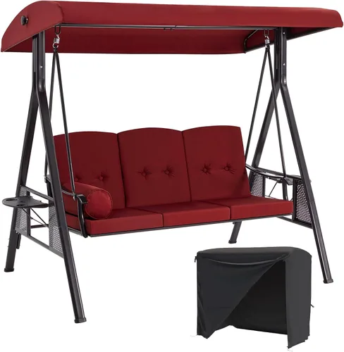 Miniatura 14 de AECOJOY - columpio de porche al aire libre con cubierta, columpios de patio de 3 asientos con toldo ajustable, columpio exterior para adultos