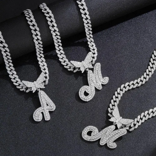 Miniatura 6 de Cadena de eslabones cubanos de plata para mujeres y hombres, letra inicial personalizada, collar personalizado, collar de diamantes de cadena