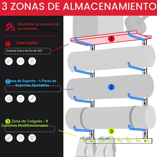 Miniatura 2 de Solo Estante de Almacenamiento para Gimnasio en Casa, Organizador Ajustable de Equipo de Gimnasio Montado en la Pared con 1 Tablero, Soporte