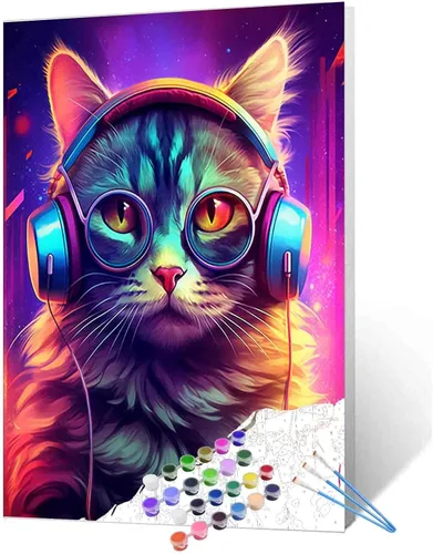 Kits de pintura por números, gato con auriculares, pintura al óleo, decoración de pared, graffiti, arte de animales, 16 x 20 pulgadas, música, gato