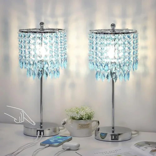 Miniatura 8 de Juego de 2 lámparas de mesa de cristal, lámpara de mesa de noche regulable de 3 vías con 2 puertos de carga USB, lámpara de noche dorada