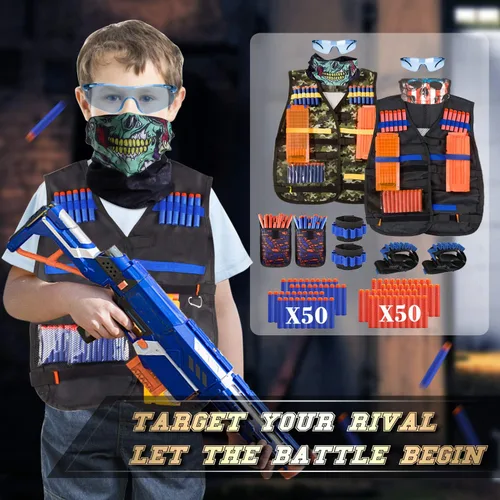 Miniatura 7 de Paquete de 2 chalecos tácticos para niños, juego de pistolas Nerf N-Strike Elite Series Wars con dardos de repuesto, clips de recarga, bolsa