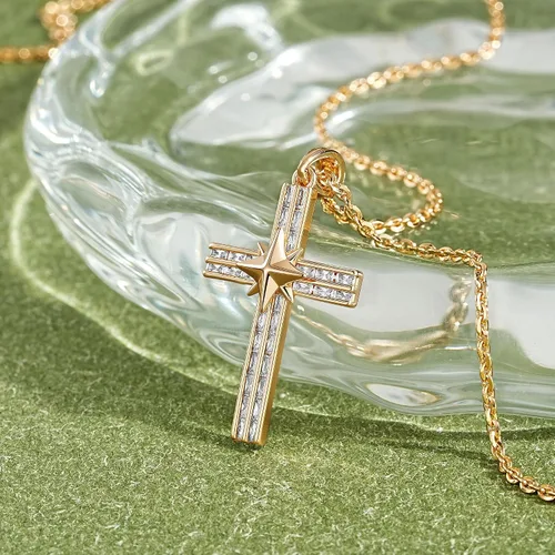 Miniatura 55 de Fettero - Collar con dije de cruz de fe, chapado en oro de 14 K, cadena fina, minimalista, simple, pequeña, para oración, regalo de joyería religiosa