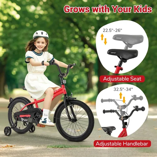 Miniatura 2 de COSTWAY Bicicleta para niños de 12/14/16/18 pulgadas, bicicleta para niños pequeños con ruedas de entrenamiento, asiento y manubrio ajustables, Rojo