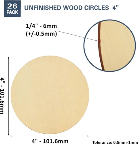 Miniatura 2 de 26 círculos redondos de madera de 1/4 de pulgada de grosor y 4 pulgadas, discos de madera redondos sin terminar, tableros circulares redondos