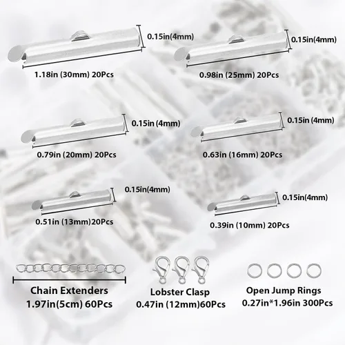 Miniatura 2 de Kit de cierre deslizante de plata EuTengHao para enhebrado, extremos de cordón de tubo con cierre de langosta, extensor de cadena, accesorios
