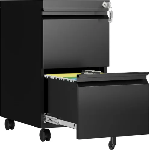Miniatura 10 de Gabinete archivador de 2 cajones, gabinetes archivadores móviles totalmente montados con cerradura, gabinete archivador de metal rodante con ruedas