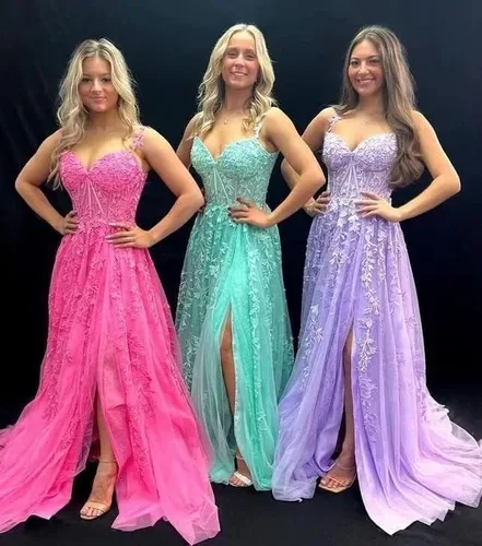 Miniatura 5 de Vestidos de fiesta con tirantes delgados para mujer, apliques de encaje, hombros descubiertos, tul sexy, dividido, largo, formal, vestidos de fiesta
