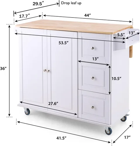 Miniatura 6 de PHI VILLA Carrito de isla de cocina con ruedas - Isla de cocina móvil con hoja caída, mesa de cocina enrollable con almacenamiento