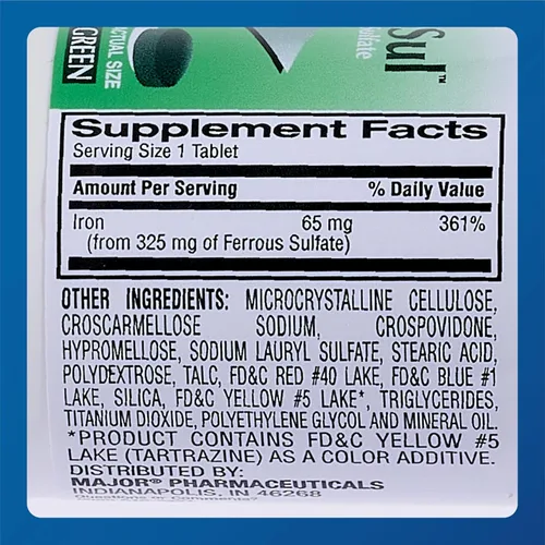 Miniatura 5 de Major Ferosul - Tabletas de sulfato ferroso de 325 mg con 65 mg de hierro elemental, suplemento de hierro para mujeres, hombres, verde, 100 tabletas