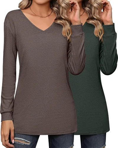 Miniatura 3 de Riyiper 2 camisetas de manga larga para mujer, cuello en V, lisas, casuales, holgadas, camisetas