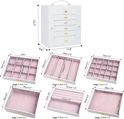 Miniatura 3 de AKOZLIN - Organizador de joyería extra grande de 6 niveles con espejo, estuche de joyería de cuero con 5 cajones para mujeres y niñas, para anillos