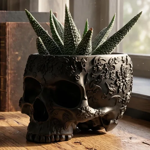 Miniatura 8 de Maceta de calavera negra de 6 pulgadas, maceta con cabeza de esqueleto para suculentas, flores y plato de tazón, decoración gótica para jardín