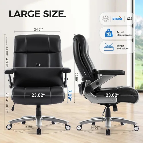 Miniatura 2 de Silla de oficina grande y alta de 600 libras, asiento extra ancho, masaje 3D y calor, silla de oficina con resistencia para personas, brazos cuero