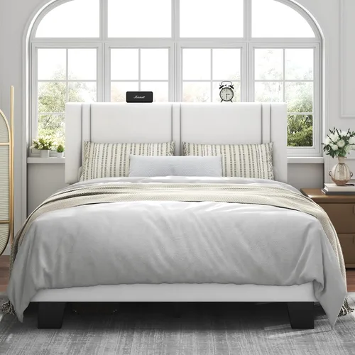 Miniatura 15 de Feonase - Base de cama de tamaño individual con plataforma tapizada, base de cama tapizada con respaldo abatible, listones de madera maciza y Gris