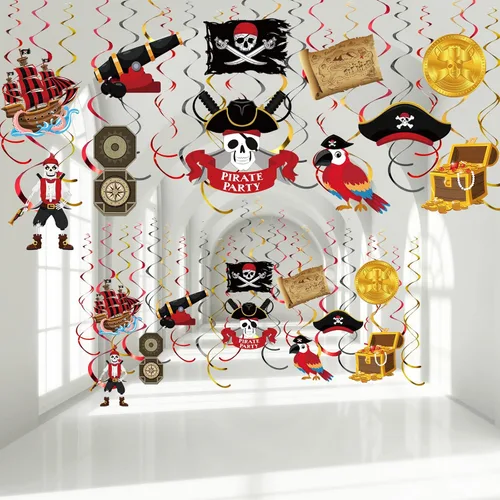 Censen 52 piezas de espirales colgantes para fiesta pirata, decoración de techo con temática pirata, serpentina en espiral, sombrero de capitán,