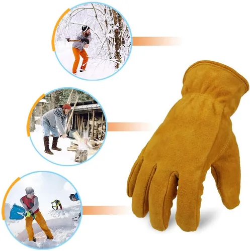 Miniatura 6 de OZERO 2 pares de guantes de trabajo de cuero de invierno forro grueso cálido para trabajo en clima frío, guantes con aislamiento térmico
