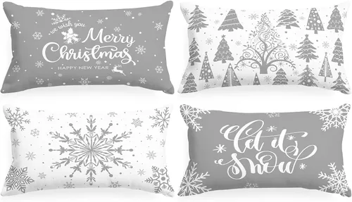 Miniatura 8 de Lanpn Fundas de Almohada Decorativas de Navidad 16x16 4 piezas, Negro Blanco Feliz Navidad Navidad Invierno Copo de Nieve Decorativas Vacaciones