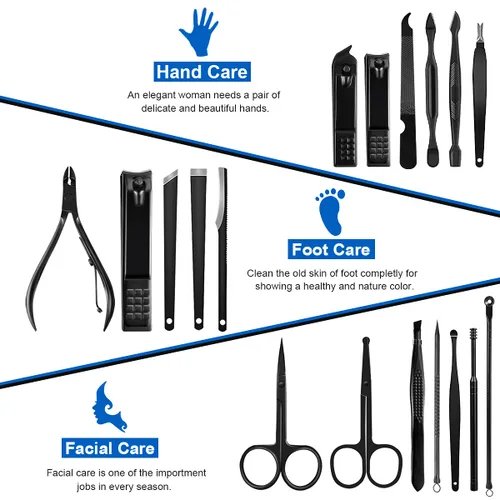 Miniatura 3 de Cortaúñas profesional de acero inoxidable, kit de viaje y aseo para uñas, herramientas de manicura y pedicura, juego de 18 piezas con estuche